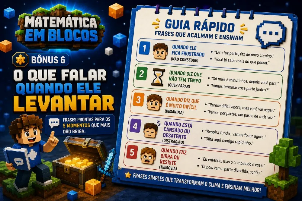 Guia de uma página com frases prontas para os cinco momentos que mais dão briga na hora da tarefa.