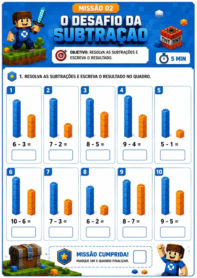 Folha do 2º ano. O Desafio da Subtração: dez subtrações com torres de blocos.