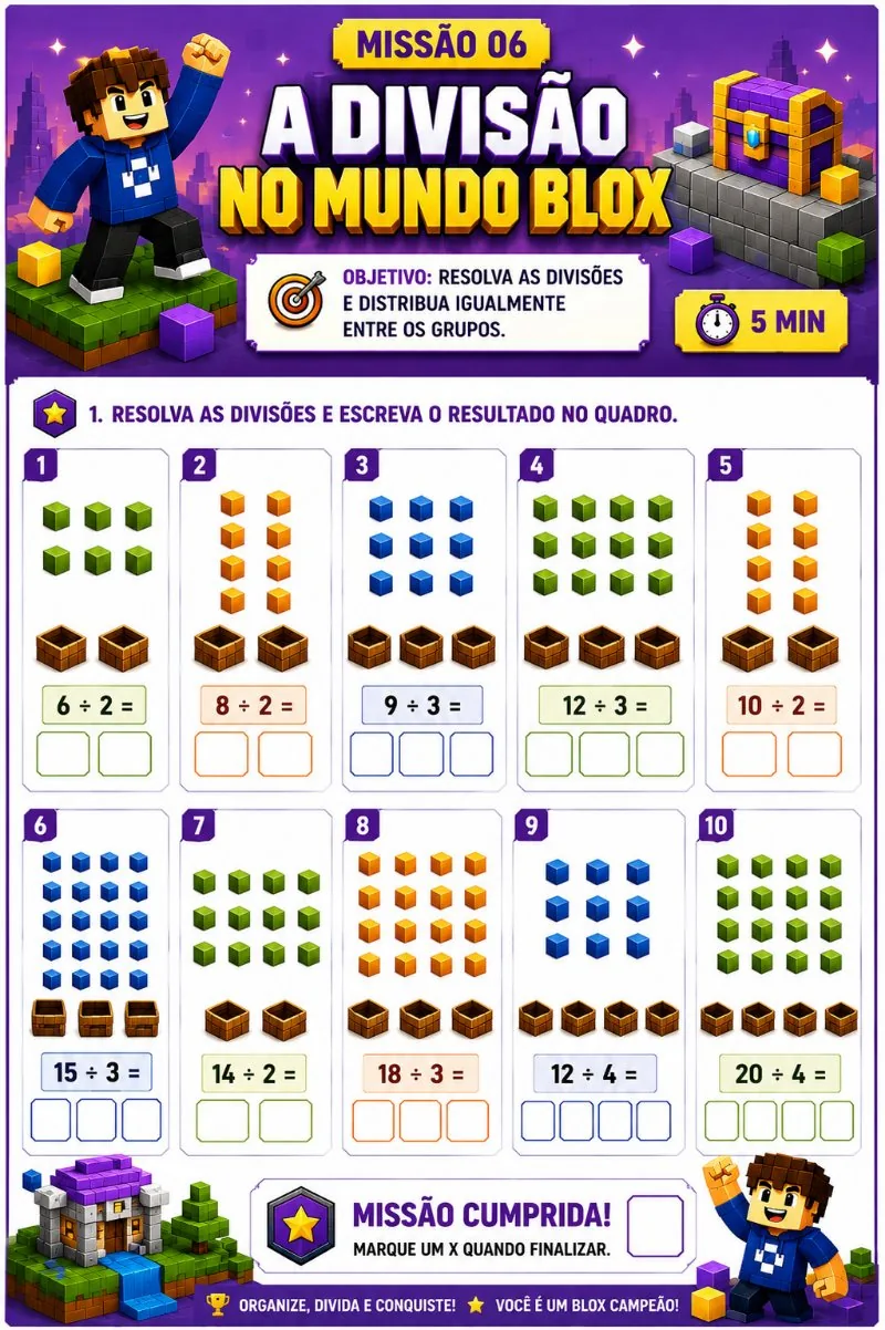 Folha do 3º ano. A Divisão no Mundo Blox: dez divisões distribuindo blocos em baús.